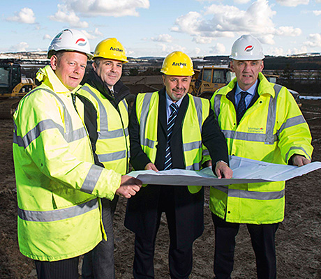 Let’s get started: (from left) Graeme Hay of Kingseat Development 3, Kevin Morrison and Kenny Dey of Archer and Mike Keith, Morrison’s finance director in Scotland.