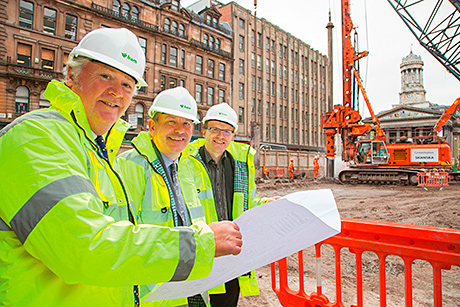 John Burke, Executive Director, BAM Construct UK, Bill Drummond, Managing Partner, Brodies and Michael Smart, Development Director, Scotland & North England BAM Properties Ltd survey building work at 110 Queen Street.