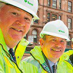 John Burke, Executive Director, BAM Construct UK, Bill Drummond, Managing Partner, Brodies and Michael Smart, Development Director, Scotland & North England BAM Properties Ltd survey building work at 110 Queen Street.