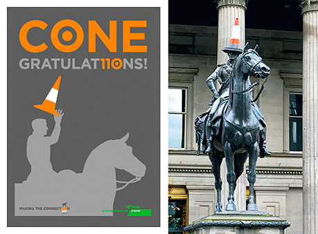 Cone-grats! BAM posters celebrate prank U-turn