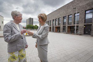 Annie O'Donnell, Norfolk Court's longest standing resident receives the keys to her new home from Nicola Sturgeon, MSP-2