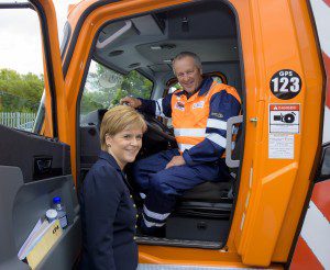 Nicola Sturgeon with crane operator, Ian Brown