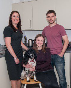 Mhairi Greer and Stuart Malcolm with their dog Sam and Sales Advisor Alison Clementson