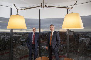 WSP Parsons Brinckerhoff UK Chief Operating Officer Mark Naysmith with Glasgow Director Pete Dunbar at the opening of their new office on 110 Queen Street, Glasgow today.  Mark Naysmith is based at the firm's Edinburgh office. Picture by Chris James   7/12/15