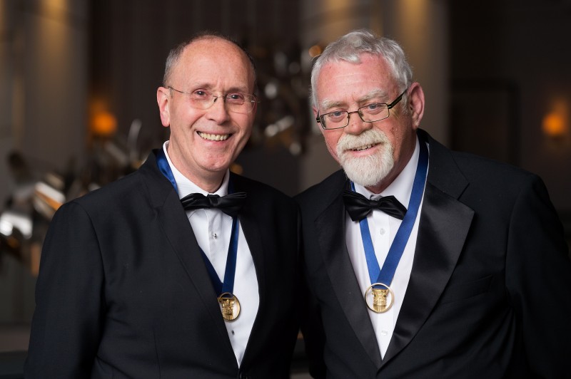 The Royal Incorporation of Architects in Scotland (RIAS). RIAS Centenary and Awards Dinner 2016, Hilton, Glasgow, 15th June 2016. Lifetime Achievement Award winners, L to R, Dick Cannon and Tom Elder of Elder & Cannon Architects. Pic free for first use relating to RIAS. For more information please contact RIAS on 0131 229 7545. © Malcolm Cochrane Photography  +44 (0)7971 835 065  mail@malcolmcochrane.co.uk  No syndication  No reproduction without permission