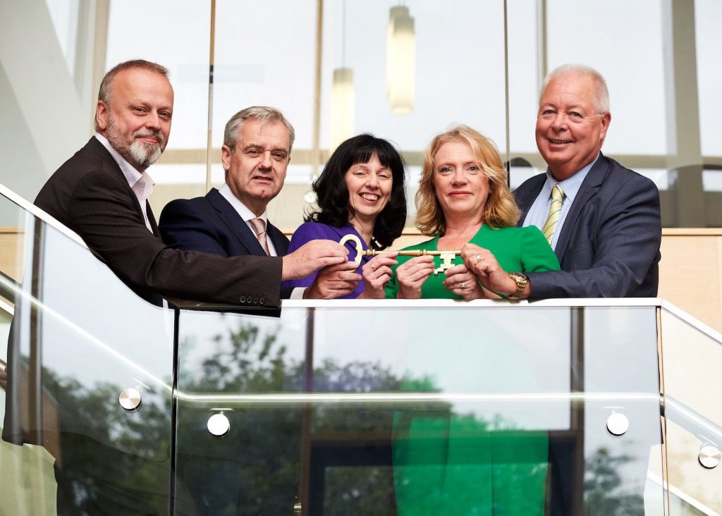 L to R: Bill Matthews, chairman of hub West Scotland; NHSGGC chairman, John Brown; Lorraine McMillan, chief executive, East Renfrewshire Council; East Renfrewshire Health and Social Care Partnership (HSCP) Chief Officer, Julie Murray; East Renfrewshire Council leader, councillor Jim Fletcher.