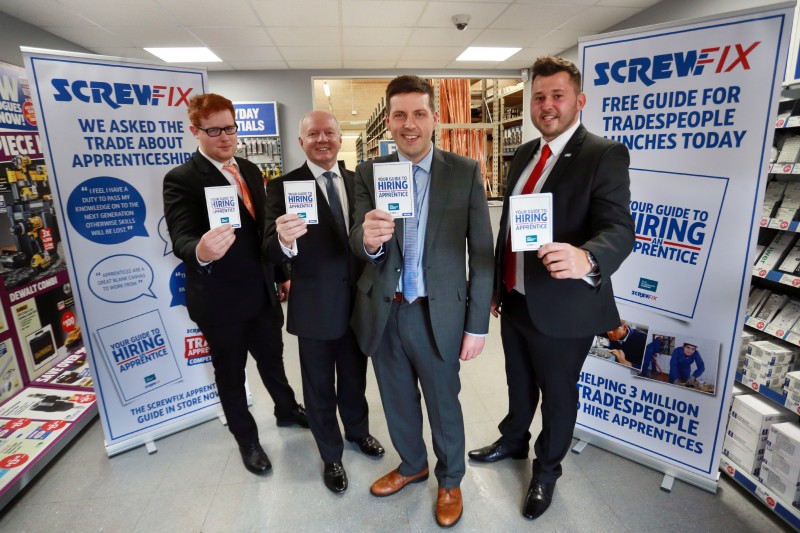 ScrewFix 1 SA : Screwfix, the UK's largest direct and online sillier of trade tools, accessories and hardware products launch the Scottish Apprentice Guide at their sight hill, Edinburgh store on Wednesday 6th July. Minister for Employability and training Jamie Hepburn MSP meets Screwfix operations director Graham Bell and two young apprentices William Hosie and Thomas Morgan. All images © Stewart Attwood Photography 2016.. All other rights are reserved. Use in any other context is expressly prohibited without prior permission.