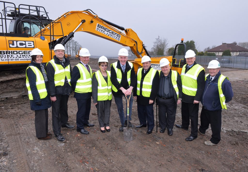 L-R:Gillian Whitehead, Area Manager; Robert Leitch, Project Manager; Brian Lafferty, Head of Business, (all North Lanarkshire Council); Local member, Councillor Agnes Coyle; Convener of Housing, Councillor Barry McCulloch; Local member, Councillor Tom Curley; Local member Councillor Michael Coyle; Ian Gillespie, Project Services Manager, North Lanarkshire Council and David Jardine, Site Manager, Cruden