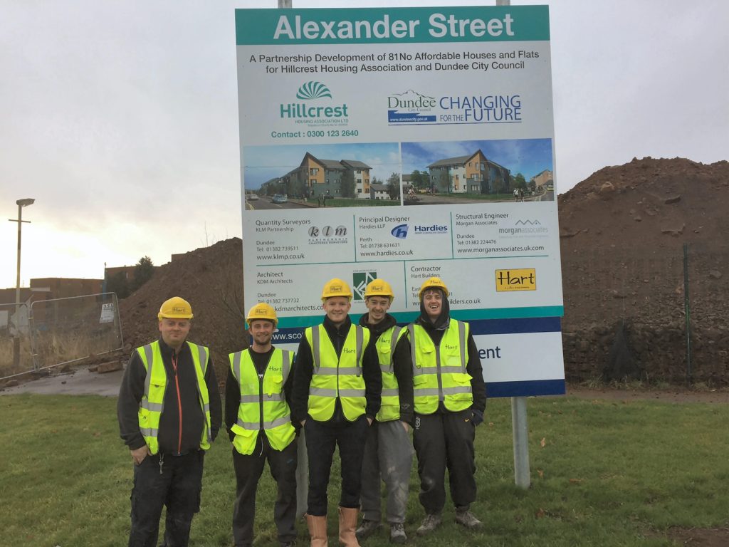 (L-R) Thomas Malley, Marc Byres, Sean Murphy (Hart Builders’ assistant site manager and mentor) Jordan Anderson and Jon Colquhoun