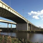 VIEW SOUTH OF THELWALL VIADUCT AND M6 MOTORWAY CROSSING MANCHESTER SHIP CANAL ENGLAND