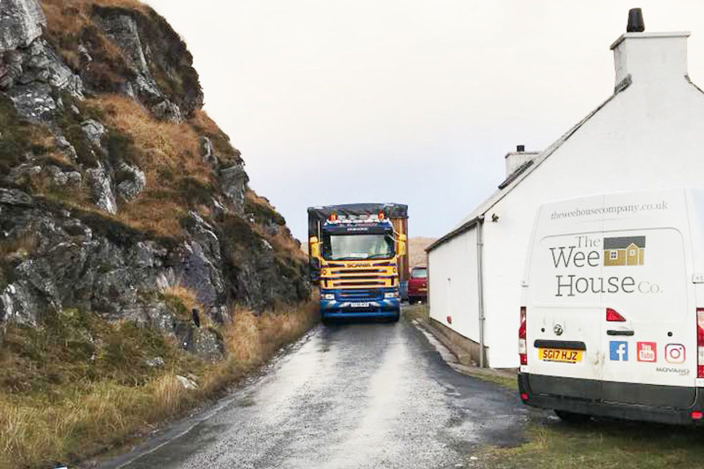 Lorry on narrow Isle of Harris road