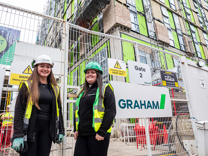 Caitlin Hunter (green hat), site administrator who graduated in Business Administration with Michelle Jeffrey (white hat), trainee engineer and 4th year in GA programme BEng Civil Engineering at Bath Street site