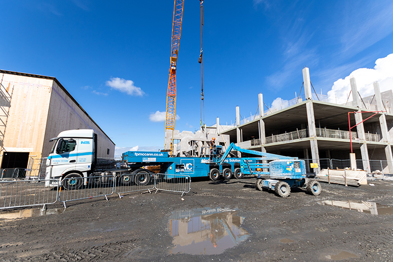 FP McCann precast concrete sections being craned into position at Dunfermline Learning Campus