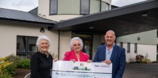 Sandy Macleod presenting a £10,000 cheque to Elsie Normington and Elizabeth Mackintosh