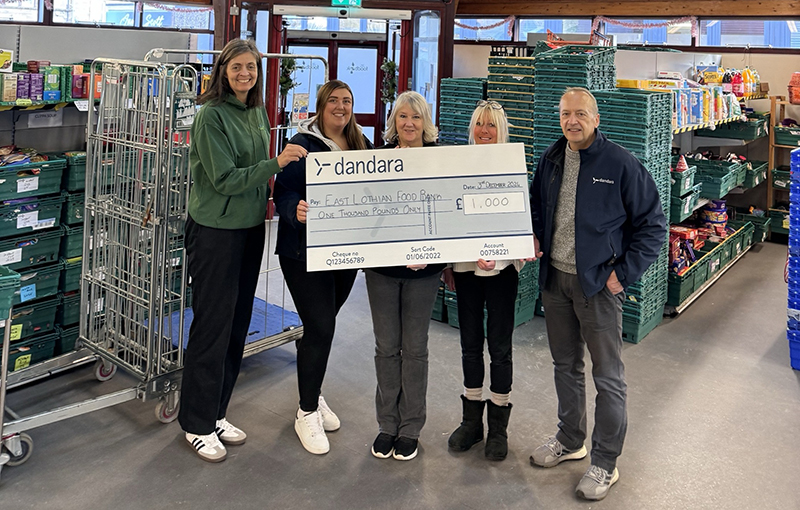 Members of the Dandara Scotland team donate £1k to East Lothian Foodbank