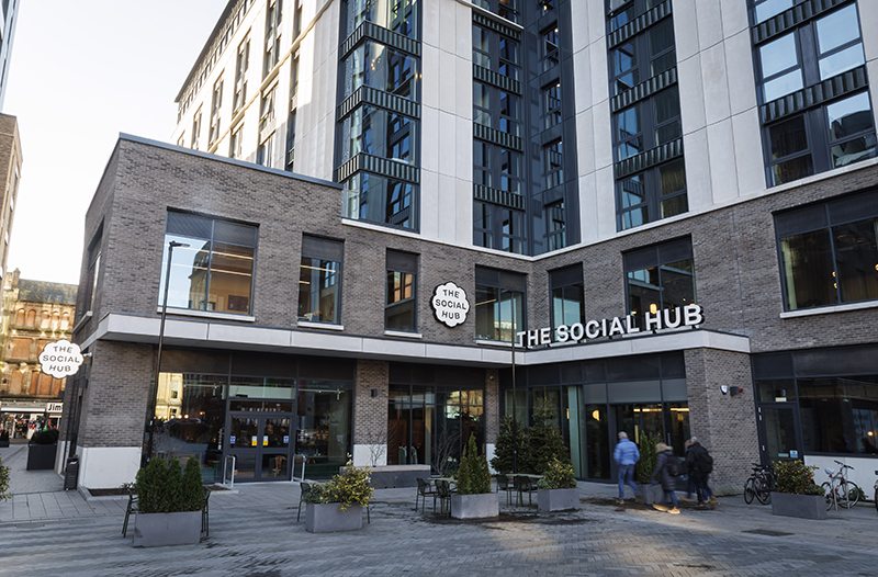 Exterior general view of The Social Hub in the Merchant City, Glasgow.