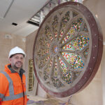 Inverness Castle transformation gathers pace as key milestones marked Jason Kelman, principle project manager at The Highland Council and the Rose Window. Image credit: HLH/Ewen Weatherspoon
