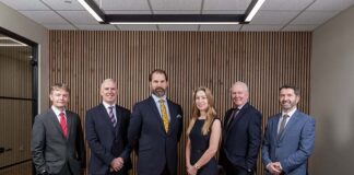 L-R: Steven Leith; Alan Gordon (senior partner); Charles Metcalf; Felicity Forbes-Davidson; John McHugh (Managing partner); and Mark Rutherford