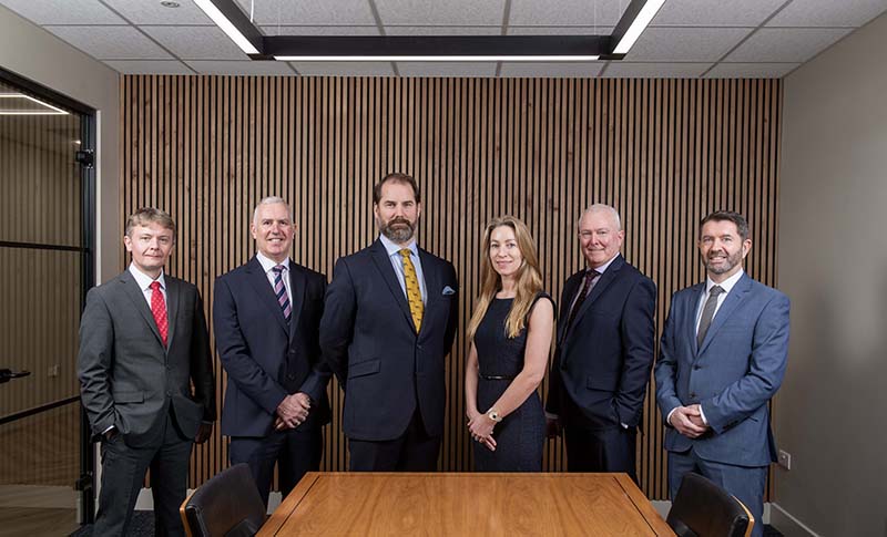 L-R: Steven Leith; Alan Gordon (senior partner); Charles Metcalf; Felicity Forbes-Davidson; John McHugh (Managing partner); and Mark Rutherford