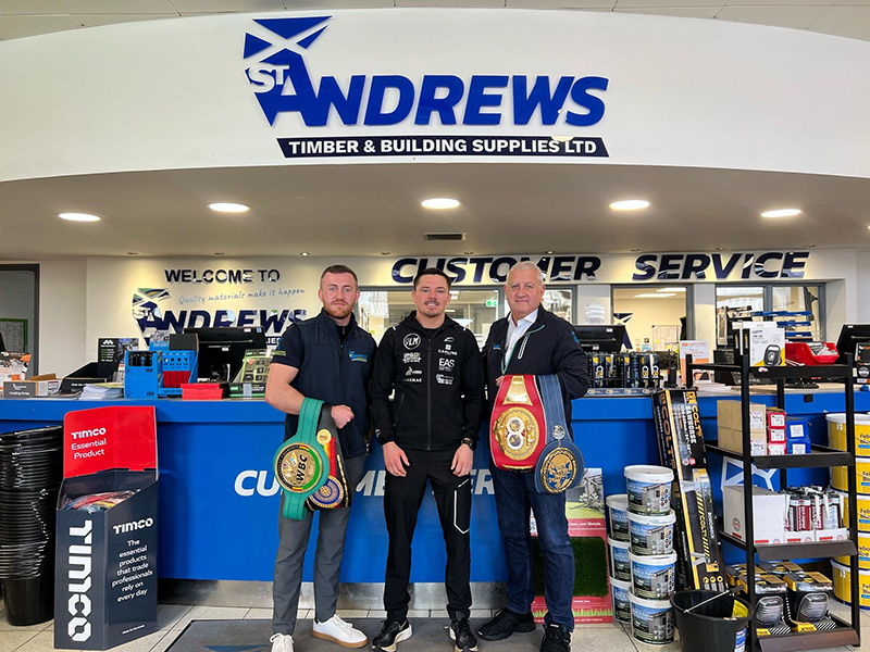 Lee McGregor with Louis Robinson (left) and Ronnie Robinson of St Andrews Timber & Building Supplies