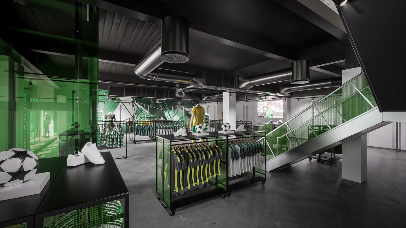 Artist's impression of store featuring Celtic FC tops and products