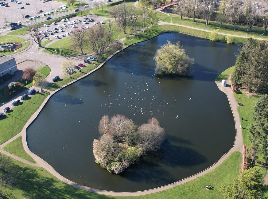 Aerial shot of Cooper Park pond