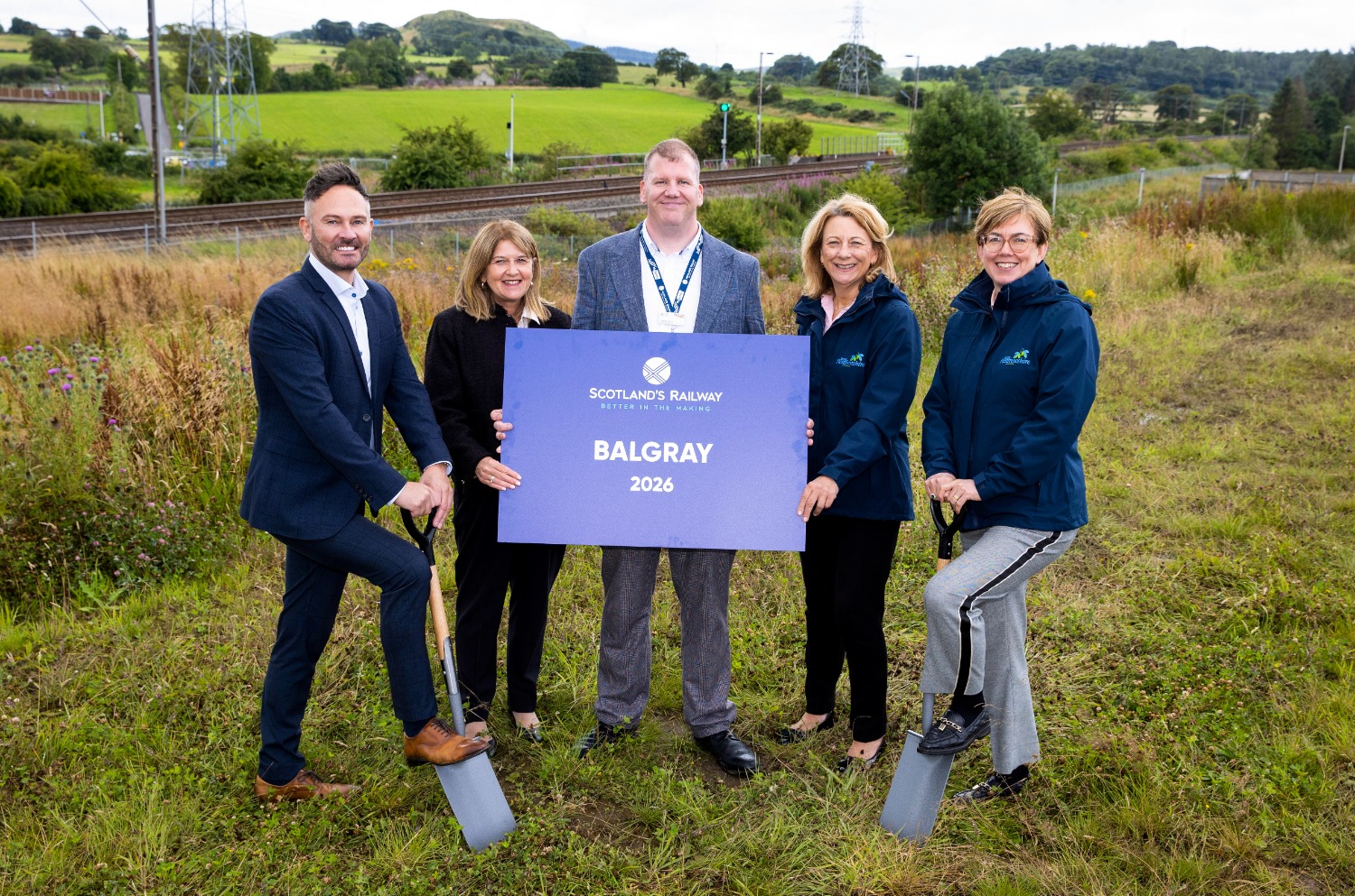 Pictured: Craig Lafferty, Managing Director – Transportation, Story Contracting Limited / Margaret Gibb, Commercial Director, Network Rail / Jeremy Spence, Route Delivery Director, Network Rail / Caitriona McAuley, Director of Environment, East Renfrewshire Council / Michaela Sullivan, Head of Place, East Renfrewshire Council