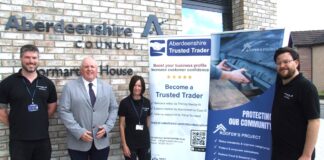 Cllr Alan Turner, chair of Aberdeenshire Council’s Infrastructure Services Committee (centre left), pictured with Trading Standards officers Fraser Stephen, Vanessa Wilson and Gavin Alexander