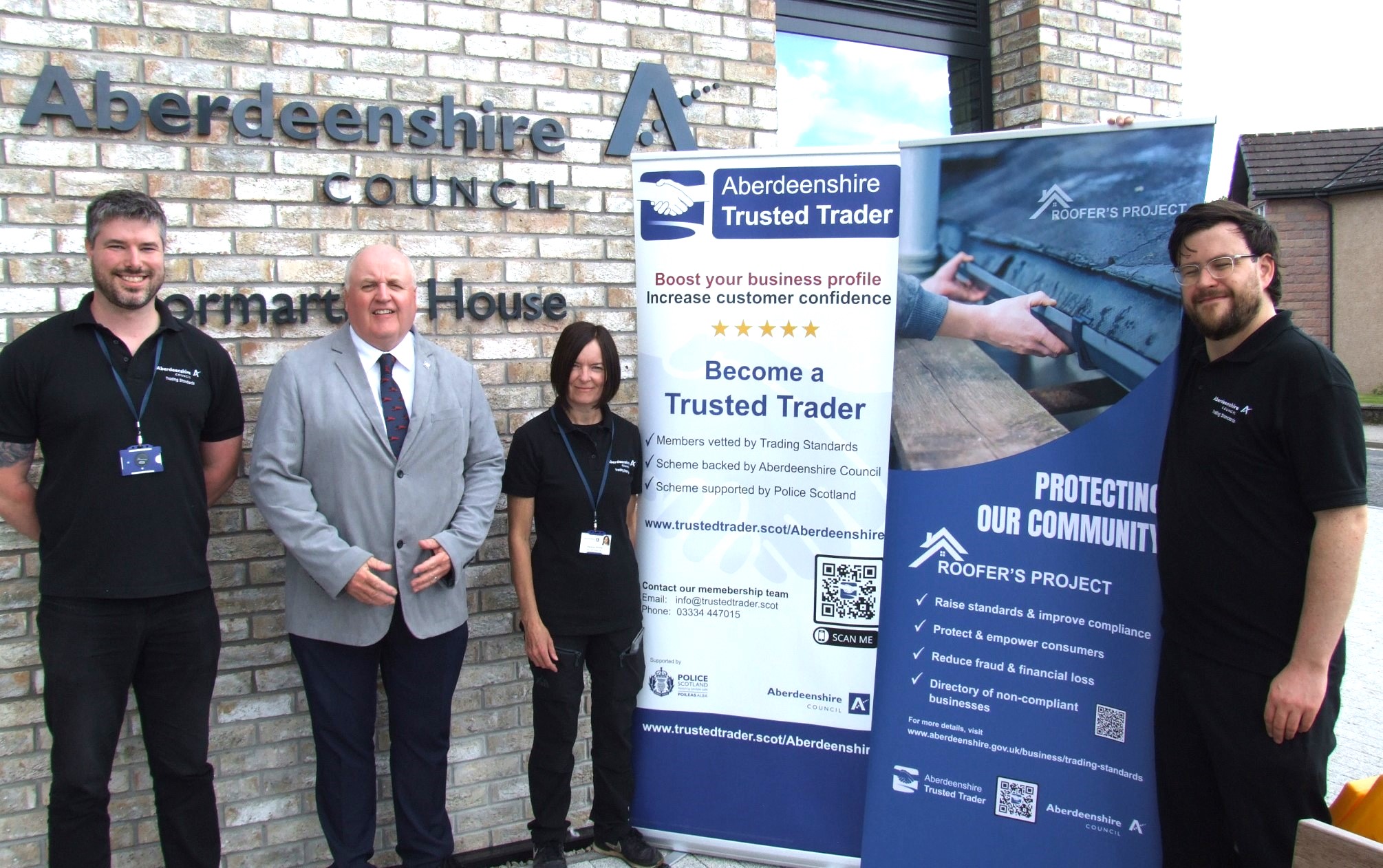 Cllr Alan Turner, chair of Aberdeenshire Council’s Infrastructure Services Committee (centre left), pictured with Trading Standards officers Fraser Stephen, Vanessa Wilson and Gavin Alexander