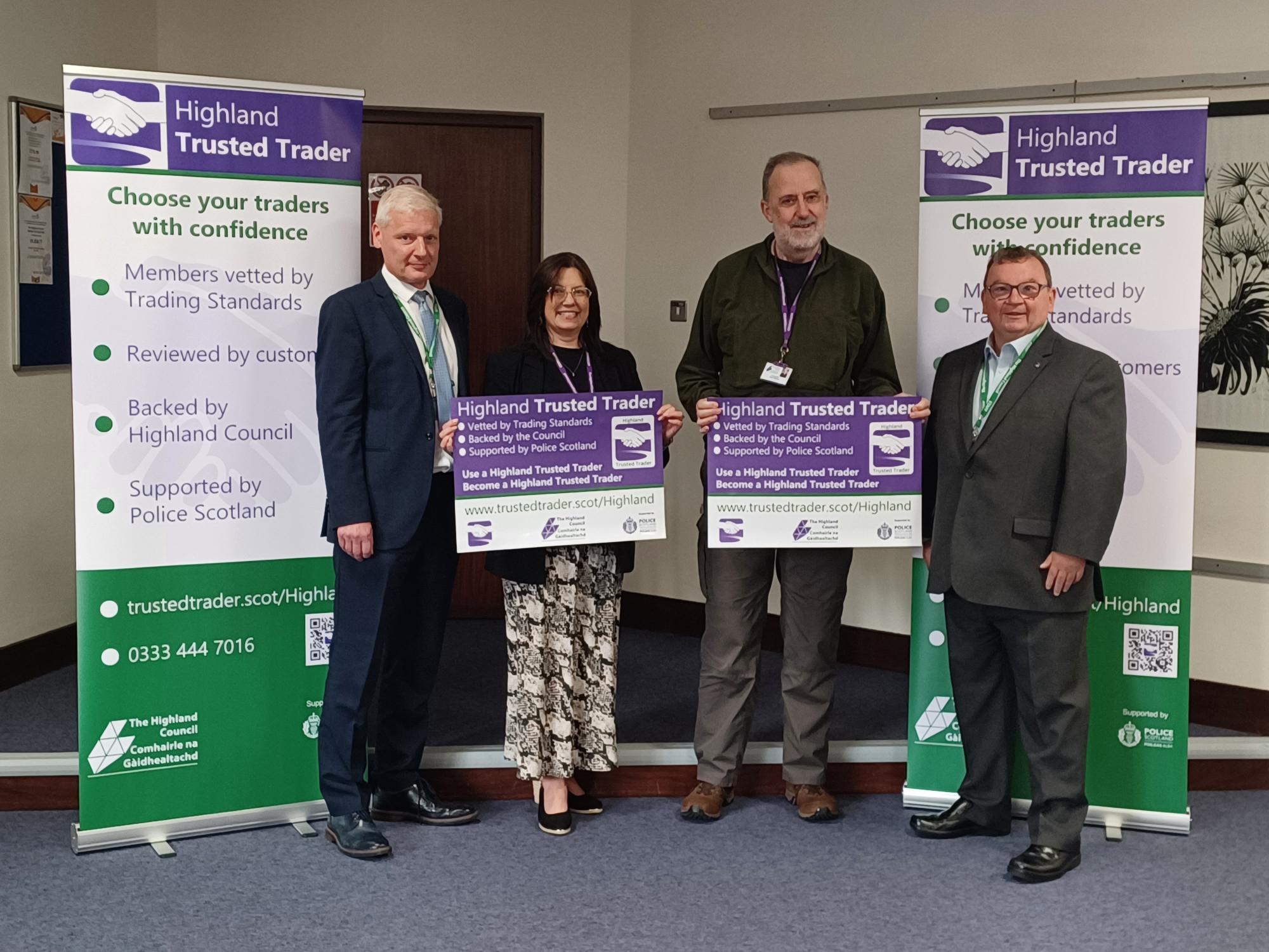 The Highland Trusted Trader launch event. L-R: David MacKenzie (Trading Standards Manager); Councillor Morven Reid (Vice-Chair of the Corporate Resources Committee); Councillor Paul Oldham (Chair of the Corporate Resources Committee); Mark McGinty (Trading Standards Team Leader).
