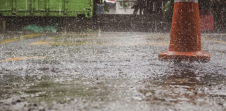 Heavy raindrops on a construction site