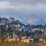Panoramic view of the Stirling Castle and the old town with the Highlands at the background
