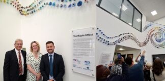 L-R Gordon Milne, Regional Managing Director, Robertson Construction Eastern, artist Shelagh Swanson and Reis Robertson, Small Works Manager, Robertson Construction Eastern, and the unveiling of the artwork at the Aberdeen Royal Infirmary