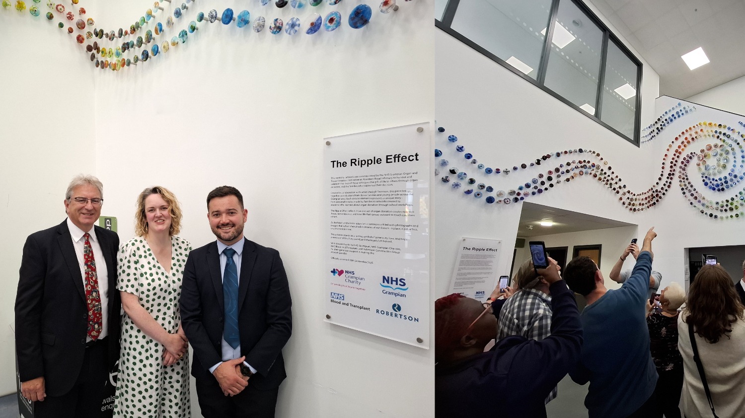L-R Gordon Milne, Regional Managing Director, Robertson Construction Eastern, artist Shelagh Swanson and Reis Robertson, Small Works Manager, Robertson Construction Eastern, and the unveiling of the artwork at the Aberdeen Royal Infirmary