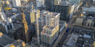 Aerial footage of student accommodation under construction in Glasgow