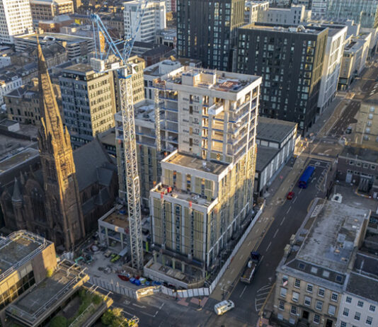 Aerial footage of student accommodation under construction in Glasgow