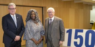 Dr Murray Rowden, GCU chancellor Dr Anne Marie Imafidon MBE, and Sir Alex Ferguson