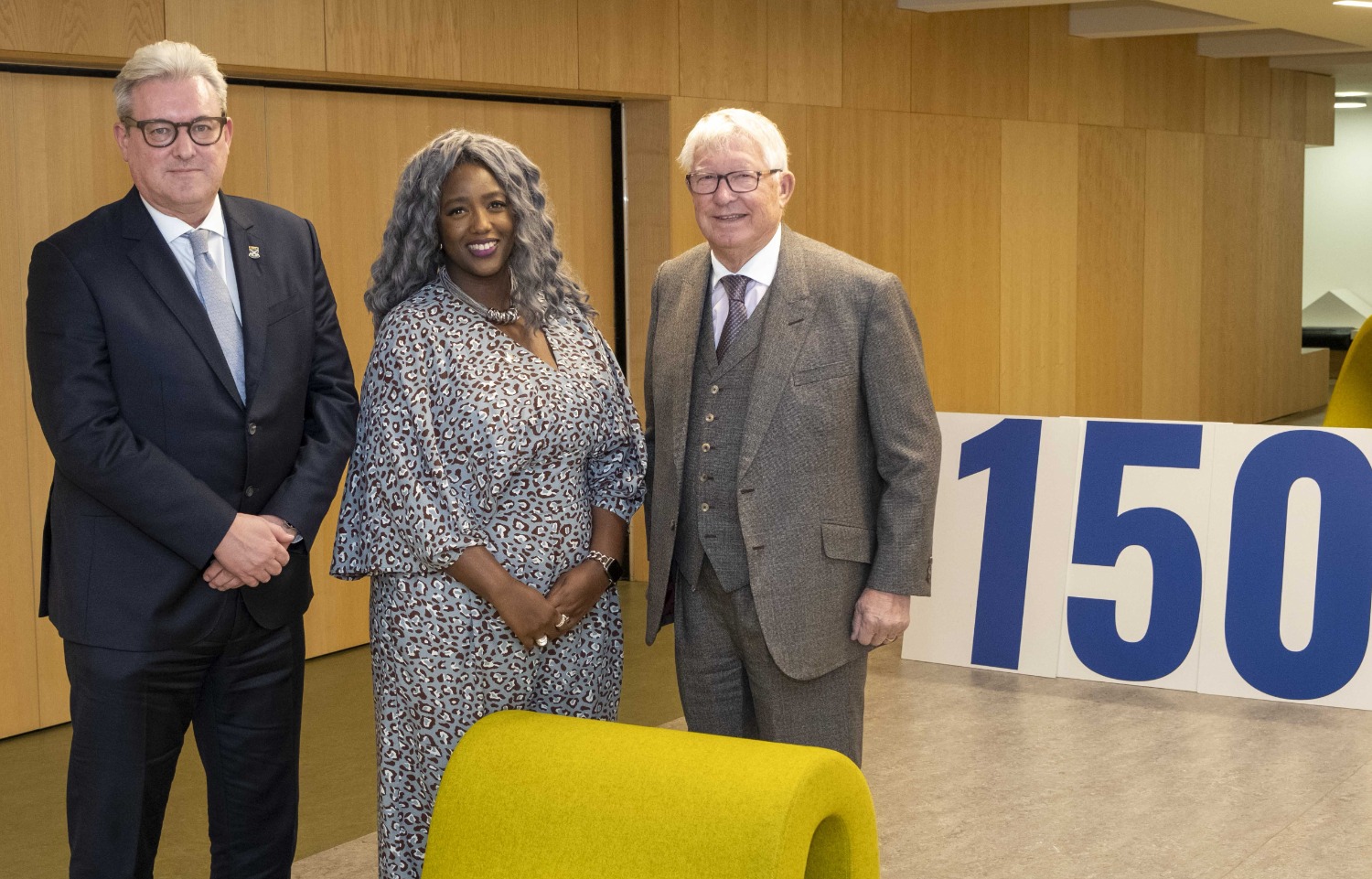 Dr Murray Rowden, GCU chancellor Dr Anne Marie Imafidon MBE, and Sir Alex Ferguson