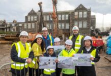 Councillor Martin Greig, Convener of the Education and Children’s Services Committee, and Vice-Convener Councillor Jessica Mennie with pupils Billie, Milana, Joshua and Mia from Ferryhill Primary School, Mike Bruce, Managing Director at Morrison Construction North and Allister McKechnie from Mackie Ramsay Taylor Architects.