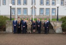 Representatives of the DEO Army Programme, DIO, 51 Brigade and GRAHAM gathered outside Sandhurst Block at Dreghorn Bks, Edinburgh. Crown Copyright.