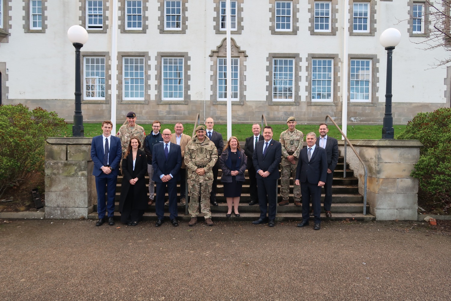 Representatives of the DEO Army Programme, DIO, 51 Brigade and GRAHAM gathered outside Sandhurst Block at Dreghorn Bks, Edinburgh. Crown Copyright.