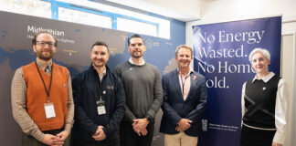L-R: Ben Carter (account director, Vattenfall); OCS operations manager Martin Abercromby; ETA co-founder Andrew Lamond; Simon Kerr (SAV head of heat networks, Scotland & NI); and Midlothian Council head of development Fiona Clandillon