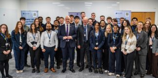 First minister John Swinney with SSEN Transmission MD Rob McDonald and graduates and trainees