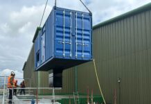Turbine kiosk being manoeuvred into position at Carron Valley