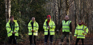 Construction volunteers building outdoor classroom. Image credit: Nick Mailer Photography