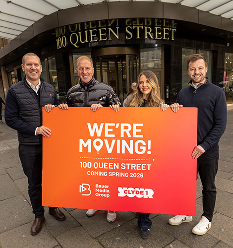 L-R: Martin Speirs (director, CBRE); presenters George Bowie and Cassi Gillespie; and David Robertson (director of content, Hits Radio Network, Scotland & N.I)