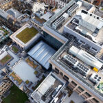 Blue roofs on city buildings