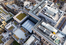 Blue roofs on city buildings