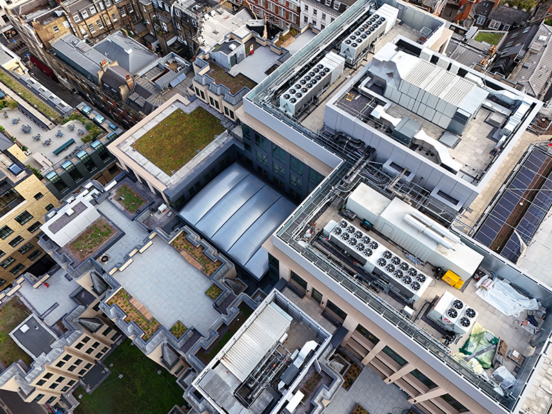 Blue roofs on city buildings