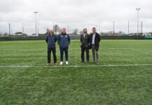 EDLC Operations Manager Fraser Makeham; Michael Lee, Manager of West Park United FC's men's senior team; Councillor Gordan Low, Leader of the Council; and Councillor Jim Gibbons, Vice Chair of EDLC Trust.